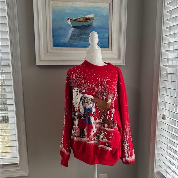 Holiday Time Tops - Vintage 90s Holiday Time Red Sweatshirt Santa Polar Bear with White Accents